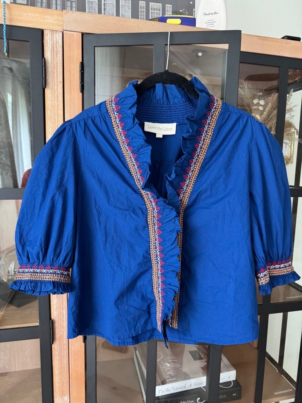 Love The Label Zuri Ruffle Puff Sleeve Shirt blouse smocked top cobalt
